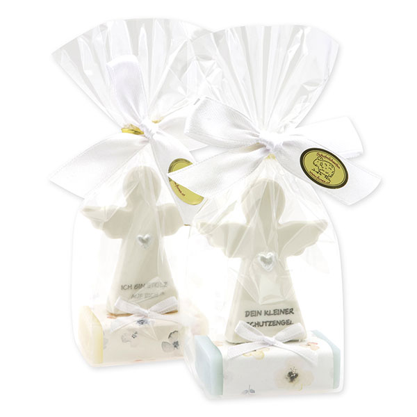 Sheep milk soap square 25g decorated with guardian angel with heart in a cellophane bag, Classic/Forget-me-not 