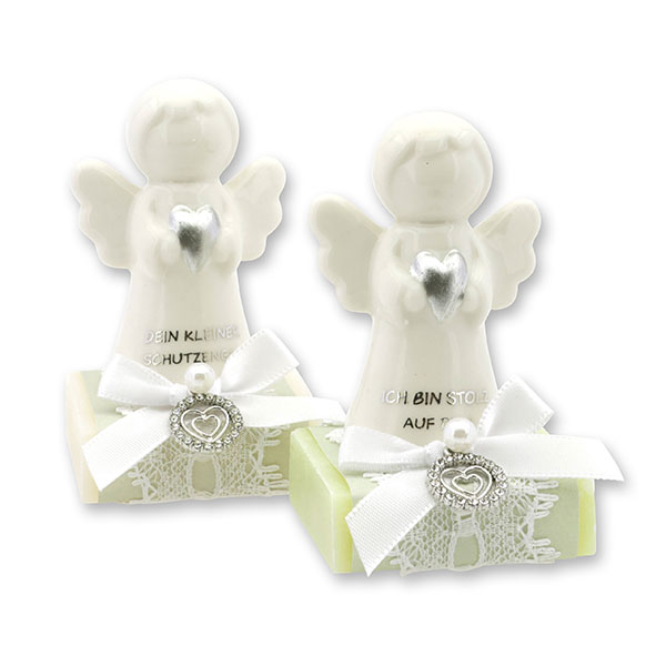 Sheep milk soap square 35g decorated with guardian angel with heart, Classic/Meadow flower 