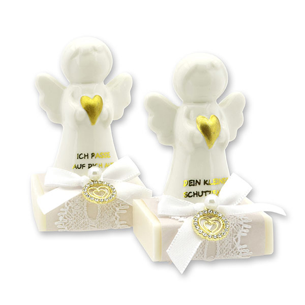 Sheep milk soap square 35g decorated with guardian angel with heart, Classic/Christmas rose white 