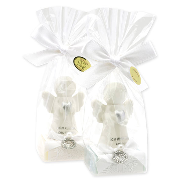 Sheep milk soap square 35g decorated with guardian angel with heart in a cellophane bag, Classic/Forget-me-not 