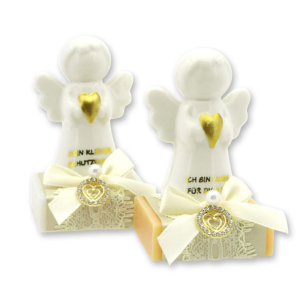 Sheep milk soap square 35g decorated with guardian angel with heart, Classic/Swiss pine 