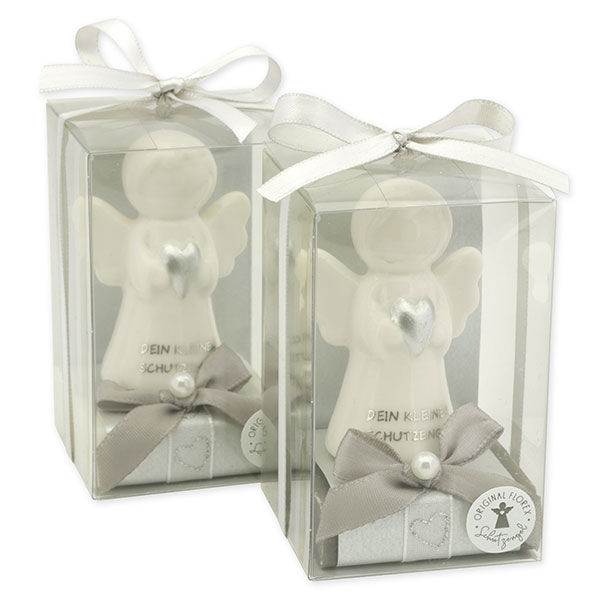 Sheep milk soap square 35g decorated with guardian angel with heart in a cellophane box, Classic/Christmas rose 