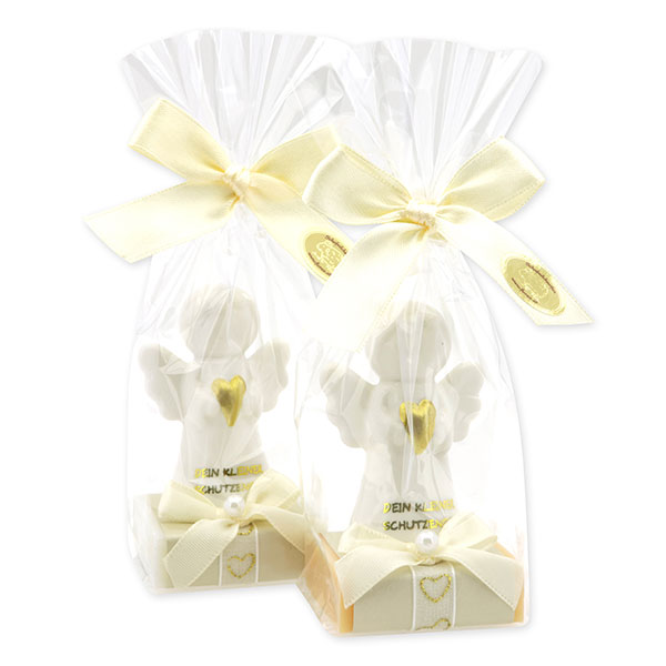 Schafmilchseife eckig 35g dekoriert mit Schutzengel mit Herz in Cello, Classic/Zirbe 
