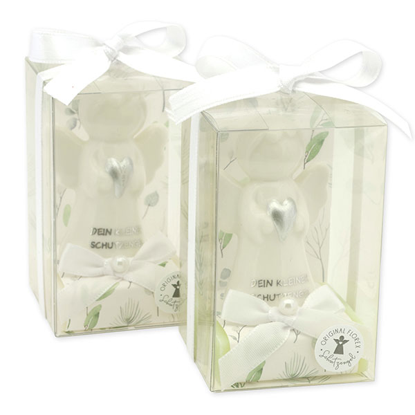 Sheep milk soap square 35g decorated with guardian angel with heart in a cellophane box, Classic/Meadow flower 