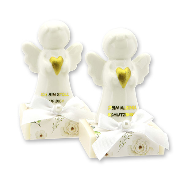 Sheep milk soap square 35g decorated with guardian angel with heart, Classic/Christmas rose white 
