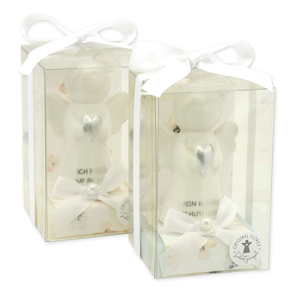 Sheep milk soap square 35g decorated with guardian angel with heart in a cellophane box, Classic/Forget-me-not 