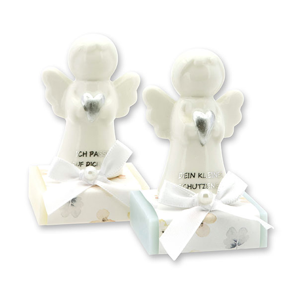 Sheep milk soap square 35g decorated with guardian angel with heart, Classic/Forget-me-not 