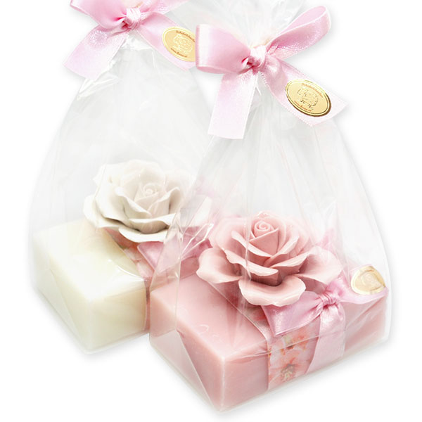 Sheep milk soap 150g, decorated with a flower in a cellophane, Classic/magnolia 