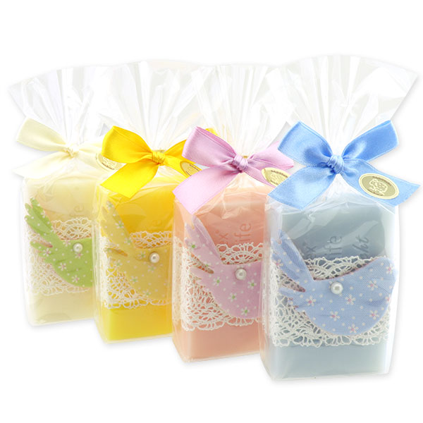 Sheep milk soap 150g, decorated with a bird in a cellophane, sorted 