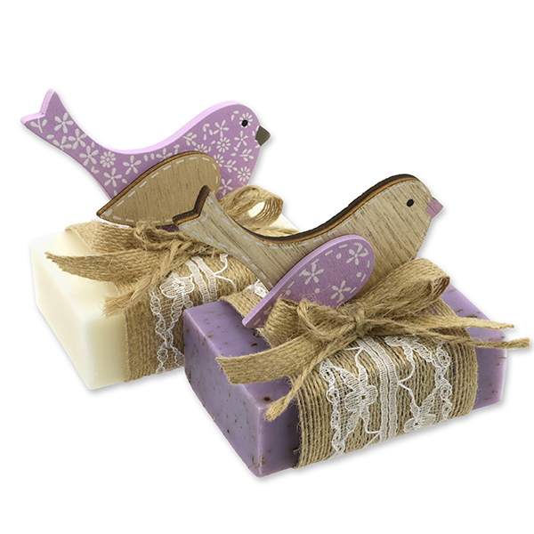 Schafmilchseife eckig 150g dekoriert mit Vogel, Classic/Lavendel 