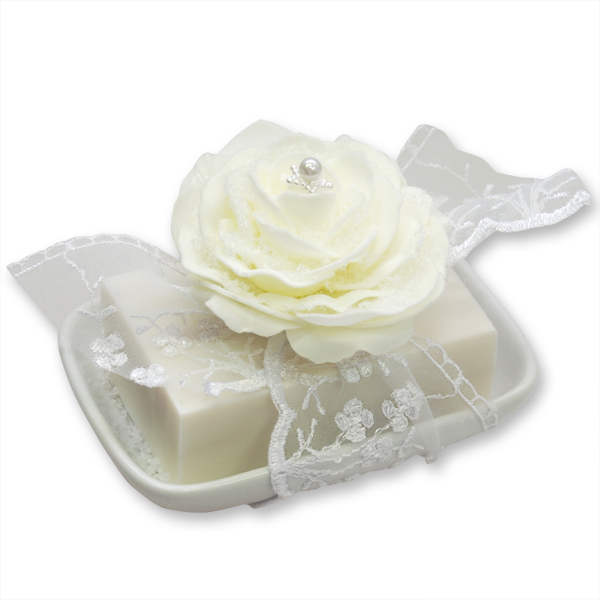 Sheep milk soap 150g on soap dish, decorated with a rose, Christmas rose 