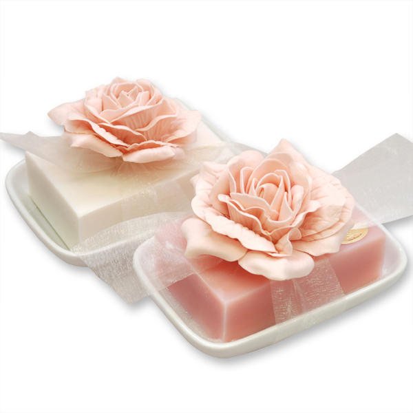 Sheep milk soap 150g on a soap dish, decorated with a rose, Magnolia/christmas rose white 