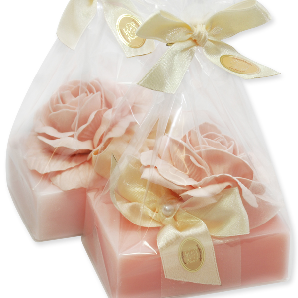 Sheep milk soap 150g, decorated with a deco rose in a cellophane, Classic/Peony 