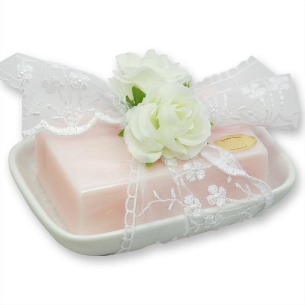 Sheep milk soap 150g, on soap dish, decorated with deco roses, Jasmine 