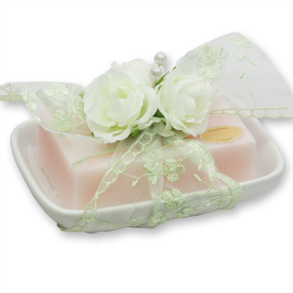 Sheep milk soap 150g on soap dish, decorated with roses, Jasmine/Christmas rose 