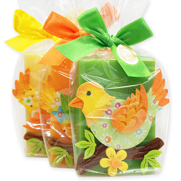 Sheep milk soap 150g, decorated with a bird in a cellophane, sorted 