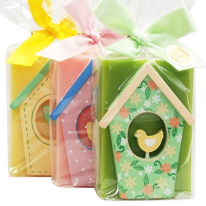 Sheep milk soap 150g, decorated with a bird house in a cellophane, sorted 