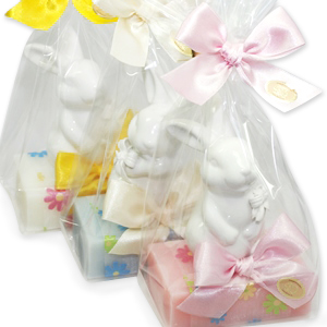 Sheep milk soap 150g decorated with a rabbit in a cellophane, sorted 