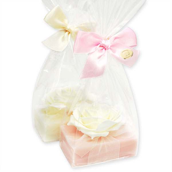 Schafmilchseife eckig 150g, dekoriert mit Rose in Cello, Classic/Pfingstrose 