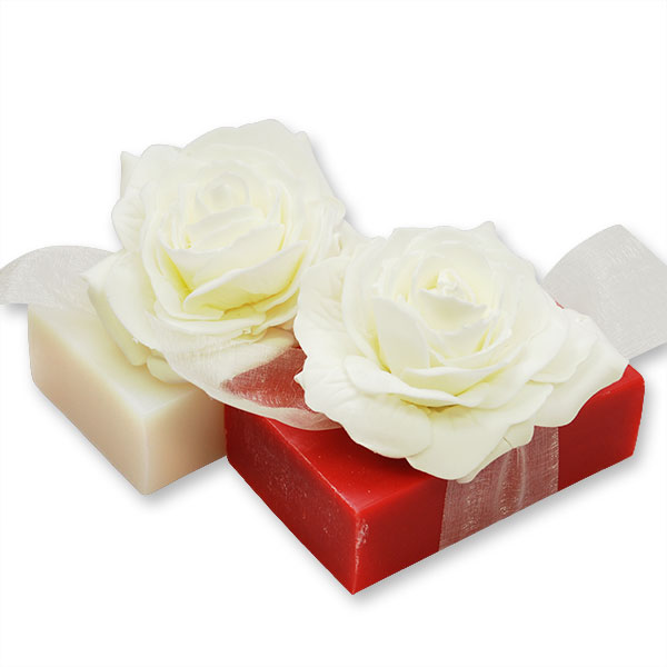 Schafmilchseife eckig 150g, dekoriert mit Rose, Classic/Rose 