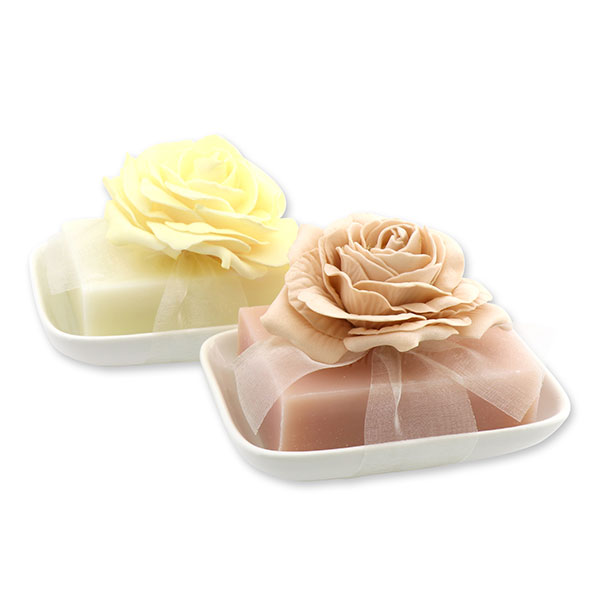 Schafmilchseife eckig 150g auf Seifenschale dekoriert mit Rose, Classic/Magnolie 