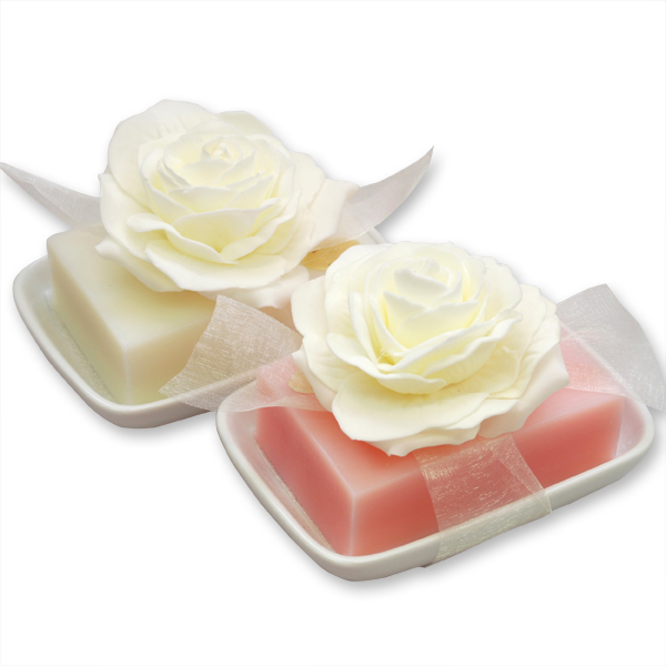 Sheep milk soap 150g on a soap dish decorated with a rose, Classic/peony 