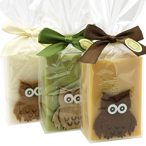 Sheep milk soap 150g decorated with an owl in a cellophane, sorted 