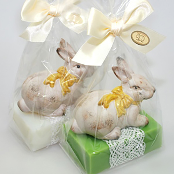 Sheep milk soap 150g decorated with a rabbit in a cellophane, Classic/Green apple 