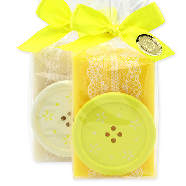 Sheep milk soap 150g decorated with a button in a cellophane, Classic/Grapefruit 