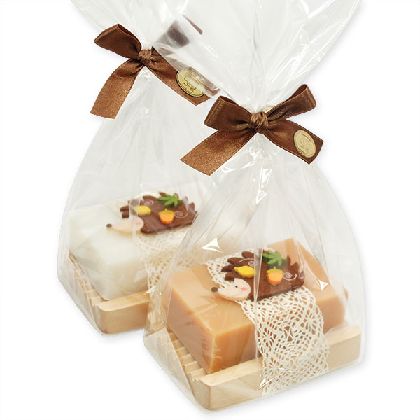 Sheep milk soap 150g on soap dish, decorated with a hedgehog in a cellophane, Classic/quince 
