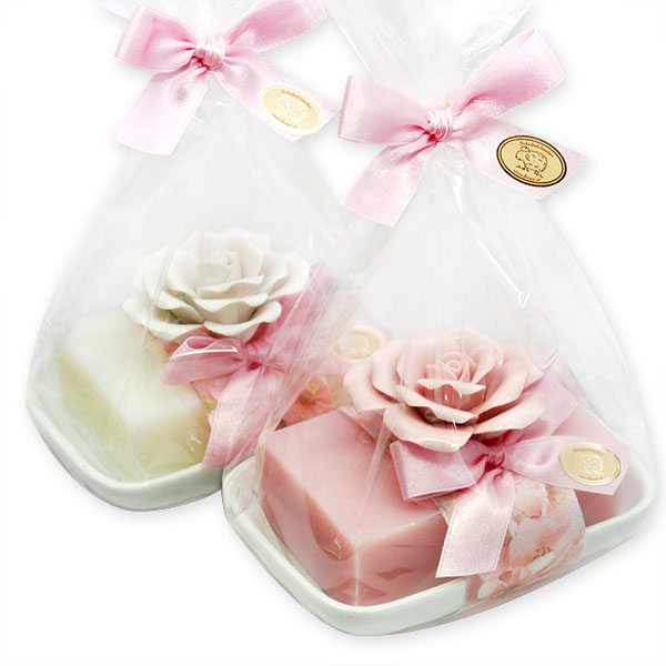 Sheep milk soap 150g decorated on soap dish with a rose in a cellophane, Classic/magnolia 