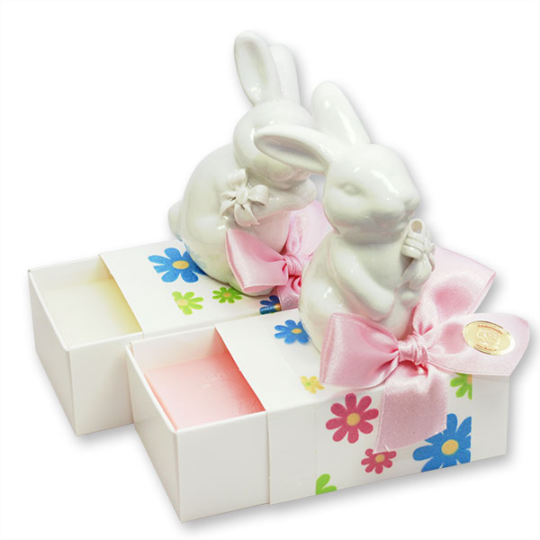 Sheep milk soap 150g in a box, decorated with a rabbit, Classic/peony 