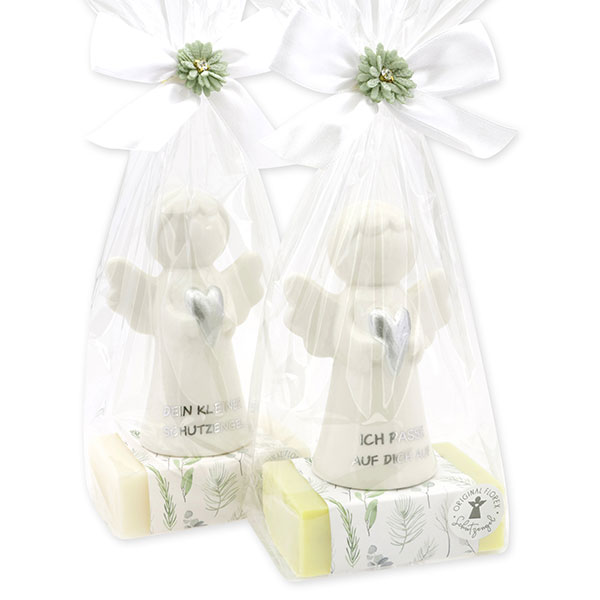 Sheep milk soap square 150g decorated with guardian angel with heart in a cellophane bag, Classic/Meadow flower 