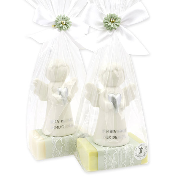 Sheep milk soap square 150g decorated with guardian angel with heart in a cellophane bag, Classic/Meadow flower 