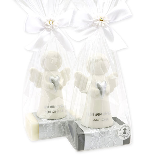 Sheep milk soap square 150g decorated with guardian angel with heart in a cellophane bag, Classic/Christmas rose 