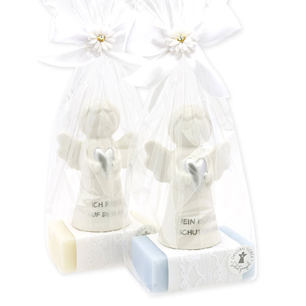 Sheep milk soap square 150g decorated with guardian angel with heart in a cellophane bag, Classic/Forget-me-not 