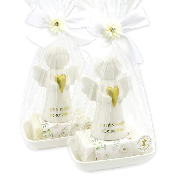 Sheep milk soap square 150g on a soap dish decorated with guardian angel with heart in a cellophane bag, Classic/Christmas rose white 
