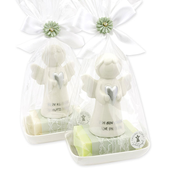 Sheep milk soap square 150g on a soap dish decorated with guardian angel with heart in a cellophane bag, Classic/Meadow flower 