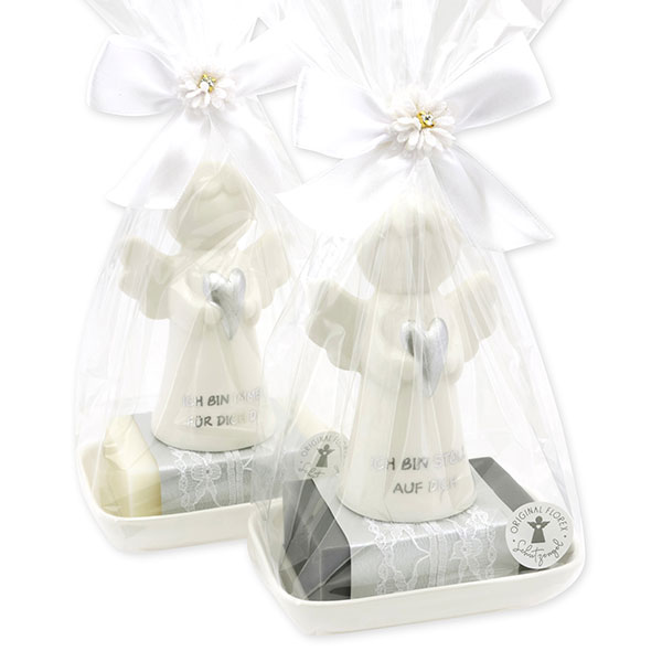 Sheep milk soap square 150g on a soap dish decorated with guardian angel with heart in a cellophane bag, Classic/Christmas rose 