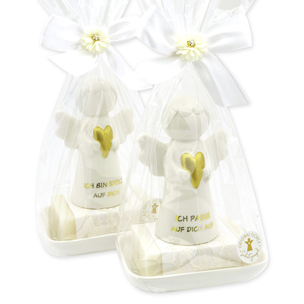 Sheep milk soap square 150g on a soap dish decorated with guardian angel with heart in a cellophane bag, Classic/Christmas rose white 