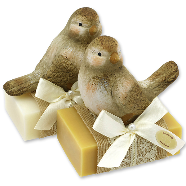 Schafmilchseife eckig 150g dekoriert mit Vogel, Classic/Zirbe 