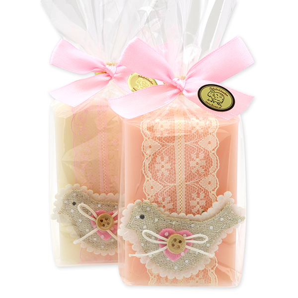 Sheep milk soap 150g decorated with a bird in a cellophane, Classic/Peony 