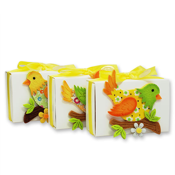 Sheep milk soap 150g in a box, decorated with a bird, sorted 