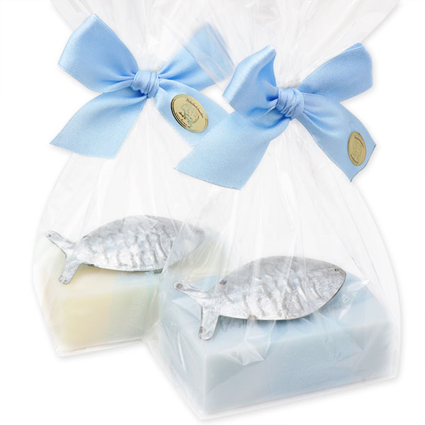 Schafmilchseife eckig 150g, dekoriert mit Fisch in Cello, Classic/Vergissmeinnicht 