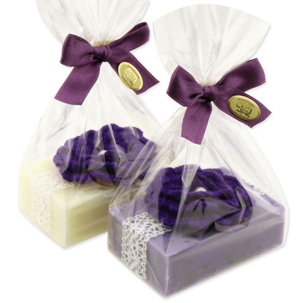 Sheep milk soap 150g, decorated with a crochet flower in a cellophane, Classic/viola with herby 