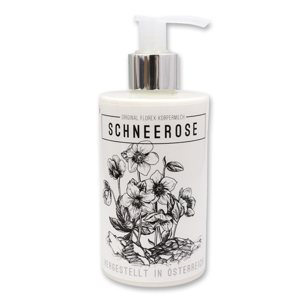 Body milk with organic sheep milk 250ml in a dispenser "Schneerose", Christmas rose white 