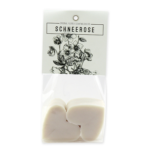 Sheep milk soap heart 4x23g in a cellophane "Schneerose", Christmas rose white 