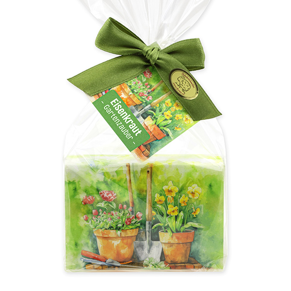 Schafmilchseife eckig 150g "Gartenzauber Motiv 2" in Cello, Eisenkraut 