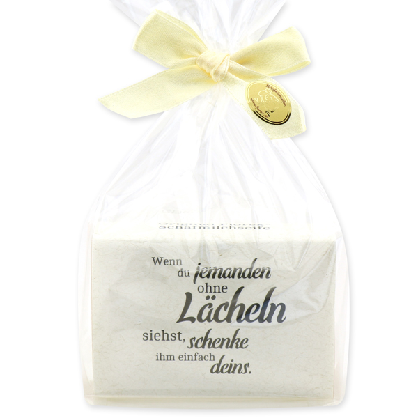 Schafmilchseife eckig 150g "Wenn du jemanden ohne Lächeln..." in Cello, Mandelöl 
