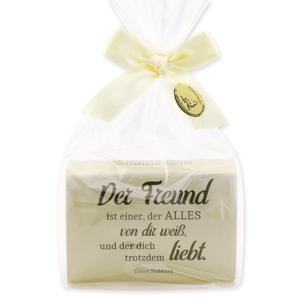 Schafmilchseife eckig 150g "Der Freund ist einer..." in Cello, Schneerose 